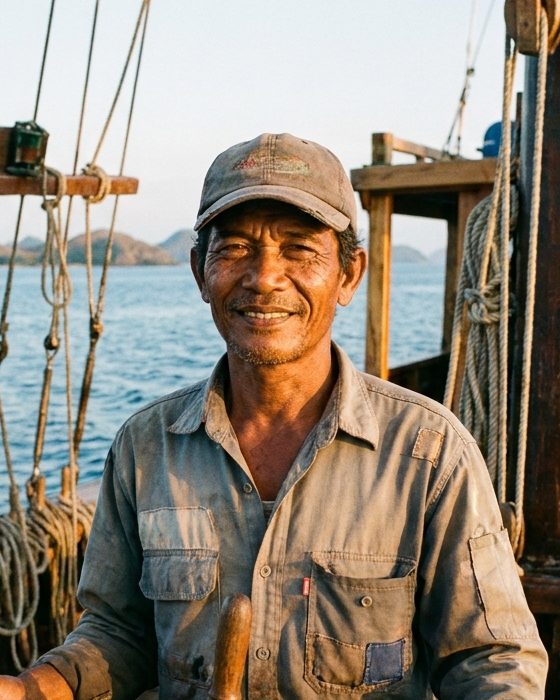 Potret nakhoda memegang kemudi kayu di haluan kapal phinisi.