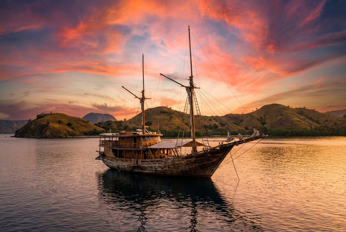 Kapal kayu phinisi berlabuh tenang di antara pulau berbukit saat langit senja berwarna jingga.