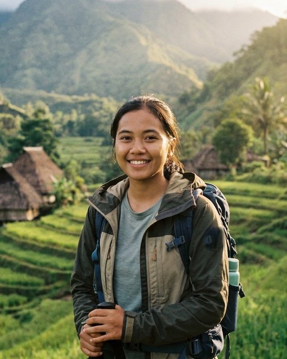 Potret pemandu perempuan berjaket lapangan berdiri di depan sawah bertingkat.