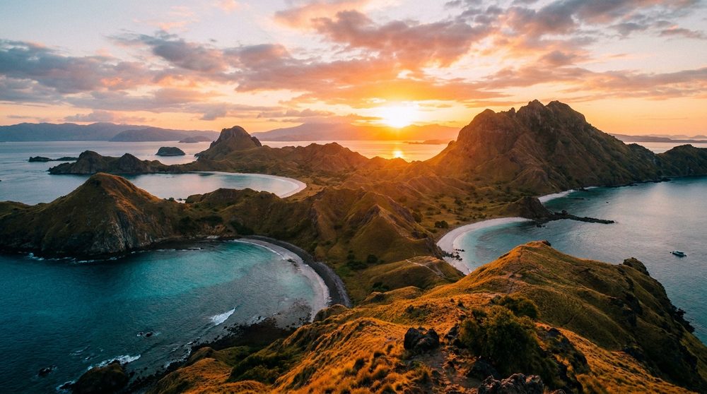 Matahari terbit di atas punggung bukit pulau berteluk melengkung.