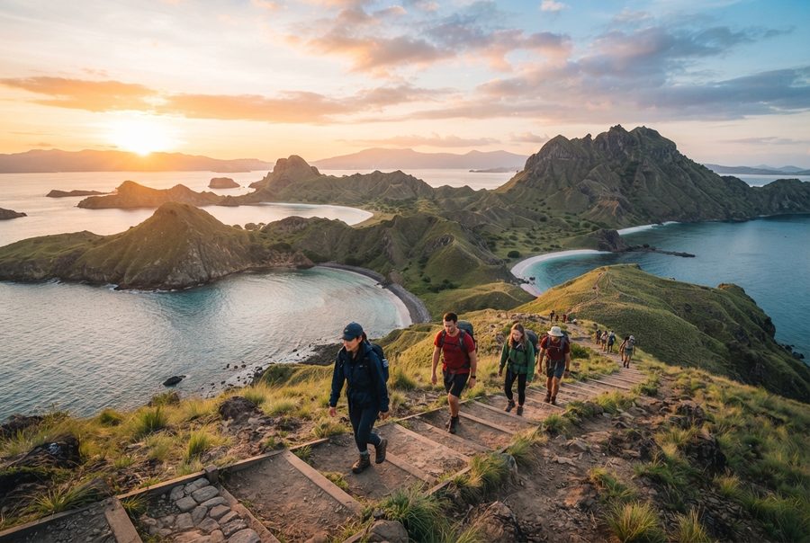 Rombongan tamu menaiki anak tangga kayu di punggung bukit saat matahari rendah.