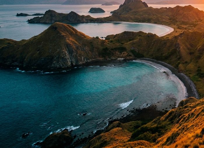 Teluk berpasir putih melengkung dilihat dari punggung bukit.