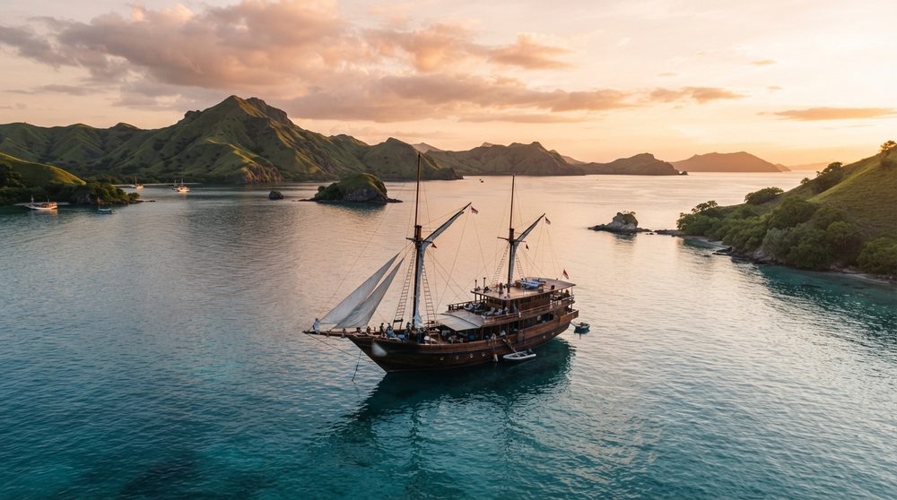 Kapal phinisi kayu berlabuh di teluk tenang dengan bukit hijau di belakangnya.