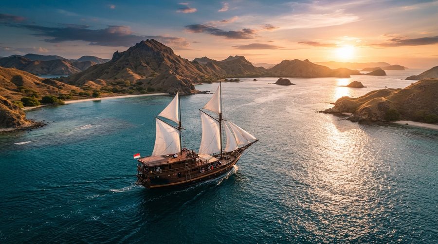 Kapal phinisi berlayar menjauh ke arah matahari terbenam di antara pulau-pulau.