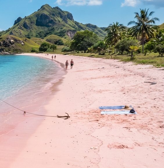 Garis pantai berpasir merah muda bertemu air jernih kehijauan.