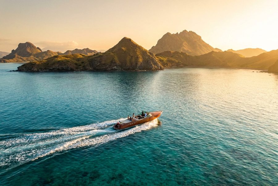 Speedboat kayu melaju di perairan biru kehijauan di antara bukit gersang saat matahari rendah.