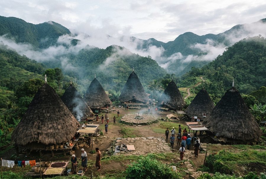 Kampung adat berumah kerucut beratap ijuk di lembah berkabut.