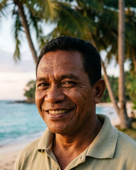 Potret pemandu senior berkemeja polo berdiri di tepi pantai berpohon kelapa.